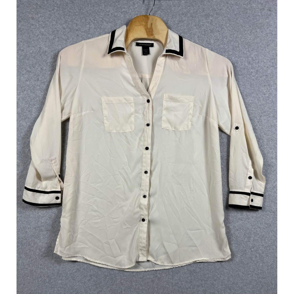 Ashley Stewart Button Down Shirt Womens 14/16 Cream Roll Tab Sleeve Blouse